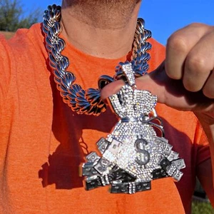 Huge Money Bag Iced Bling Out CZ Jumbo Pendant Silver Tone 30MM 36" Rope Chain - Picture 1 of 8