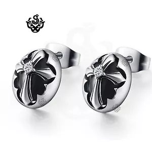 Silver stud clear crystal stainless steel cross black onyx earrings unisex  - Picture 1 of 3