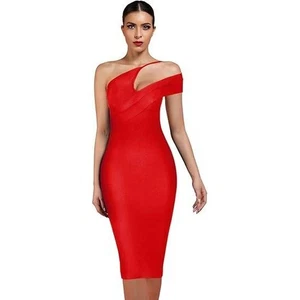 UONBOX Damen S rot Cut Out One Shoulder ärmellos Split Bandage Kleid - Bild 1 von 13