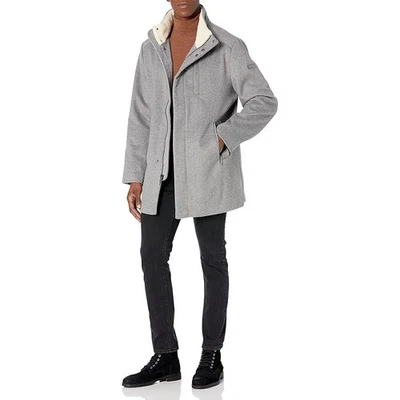 Abrigo Vince Camuto Para Hombres Talla L Gris Imitación Piel Borde Mezcla Lana Guisante Cremallera Completa HR3-55 Foto 1 de 4