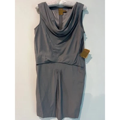 Vestido Ali Ro Sofisticado Seda Sin Mangas Capucha Cuello Plisado Midi Peltre Talla 4 Foto 1 de 4