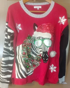 Womens Christmas Pullover Sweater Sz S Zebra Sunglasses Bells FUN - Picture 1 of 9