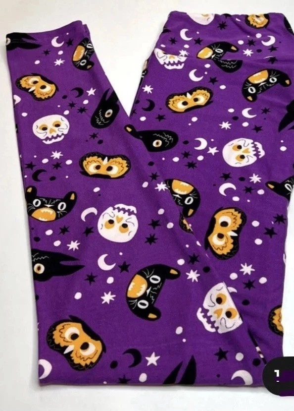 LuLaRoe HALLOWEEN Leggings Sz OS 2-10 Animal PURPLE Moon CAT OWL SKULL CROW Star - Image 1 of 2