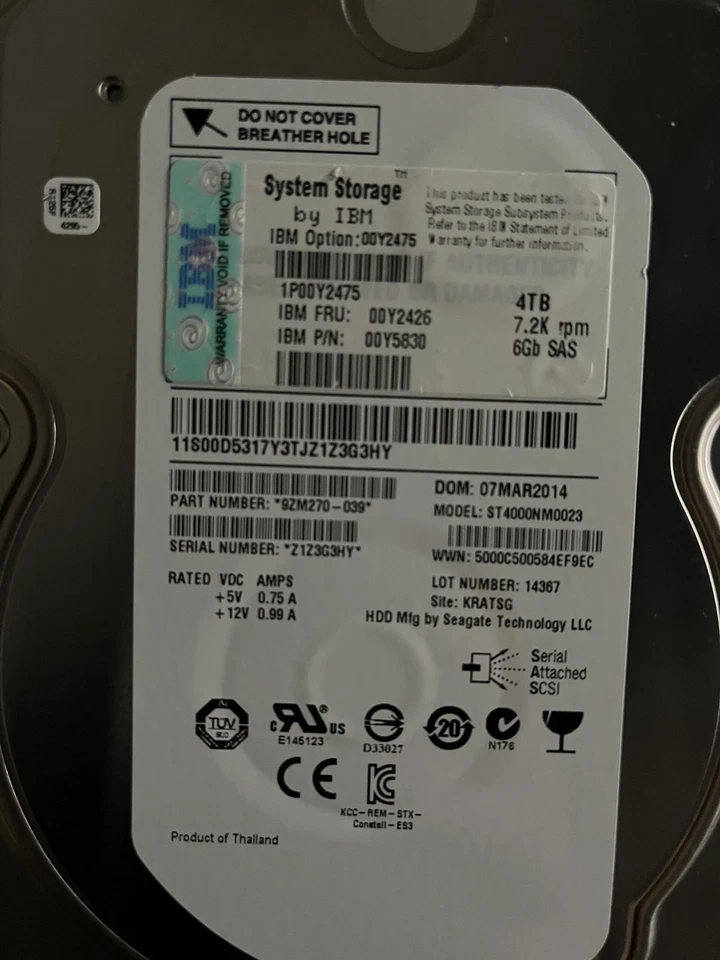 IBM System Storage 4TB 7.2K RPM 6GB/s SAS HDD | 9ZM270-039 - 00Y5826 - 00Y5909 - Image 1 of 4