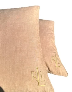 Ralph Lauren LRL Embroidered Logo Throw Pillow 20" x 20" Beige Tan Set 2 Down - Picture 1 of 6