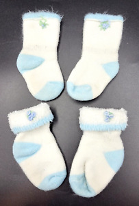 Vintage 80s Baby Booties White and Blue with Flower Accent Super Soft 2 Pairs YK