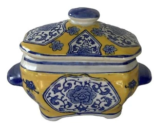 Vintage chinesische Keramik gelb Deckel Schmuck Box mit blauen Blumen lebendige Farben - Bild 1 von 20