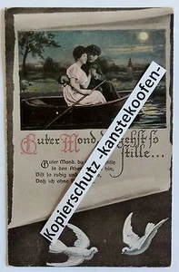 Farb-Litho AK - Postkarte - 1. WK - Soldat mit Frau im Boot Mondschein 1921 (S36 - Bild 1 von 2