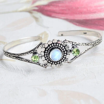 Moonstone & Faceted Peridot Gemstone Bracelet 925 Sterling Silver Handmade Cuff - Image 1 of 4