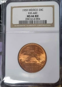 MEXICO 1959-Mo 20 Centavos, NGC MS66RD,  Key Date! - Picture 1 of 3