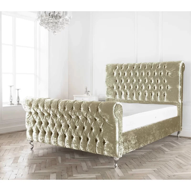 New Stylish Sleigh Chesterfield Upholstered Designer Crushed Velvet Bed Frame Uk - Image 1 of 1