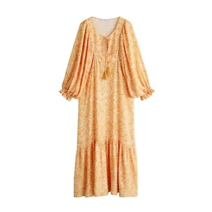 MANGO Printed Paisley V-Neck Tassel Puff Sleeve Resort Orange Maxi Dress Sz S - Picture 1 of 6