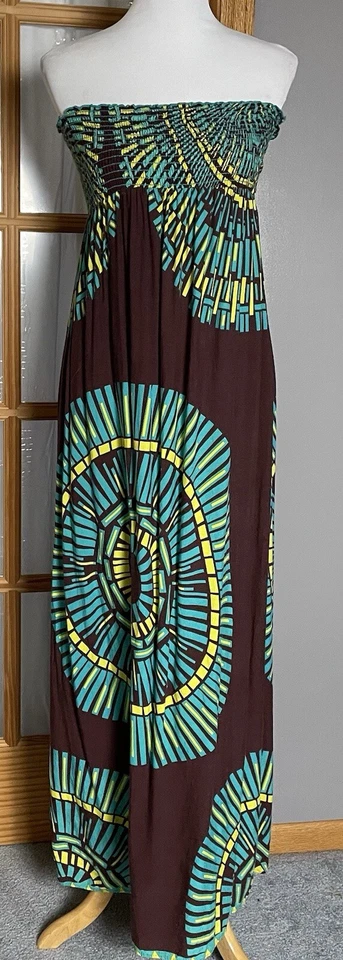 Maxi Vestido Doble Cero Sin Tirantes Talla M Marrón Azul Abstracto Calado Hecho en EE. UU. Foto 1 de 4