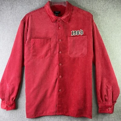 Forever 21 灯芯绒衬衫夹克夹克夹克男式 XL 红色刺绣纽扣 MS4 — 第 1/4 张图片