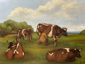 Oil Painting Cattle and Milk Maid 1879 ATT Aster Richard Corbould - Picture 1 of 10