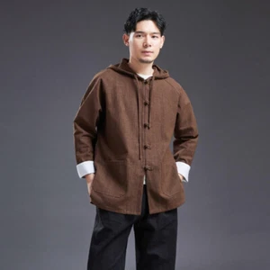 Ramie Hombres Prendas para el torso Camisa Abrigo Cárdigan Con Capucha Chino Retro Étnico Informal - Imagen 1 de 21