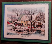 Vtg 1950 Currier & Ives, Frozen Up, farm winter, glitter, Christmas card, unused