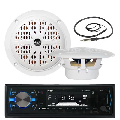6.5" White Pyle 120W Marine Speakers, Pyle USB AM FM Marine AUX Radio, Antenna - Image 1 of 4