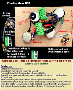 Solderless 3 Pickup Les Paul arnés de cableado - ollas de eje corto / interruptor de 6 vías! - Imagen 1 de 12