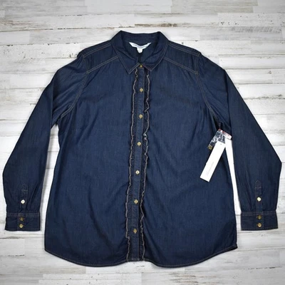Camisa Top Jones New York Jeans Denim Oscuro Algodón Volantes Abotonada Talla XL Grande Foto 1 de 4
