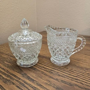 Juego de crema y azúcar con tapa Anchor Hocking Wexford corte diamante de colección - Imagen 1 de 7