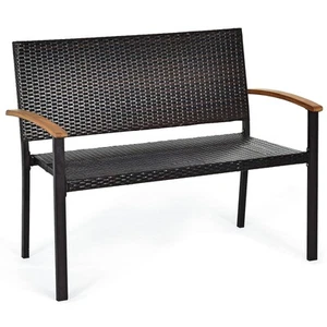 Patio Wicker Bench, All Weather Rattan Bench w/Acacia Wood Armrest, Outdoor L... - Picture 1 of 9