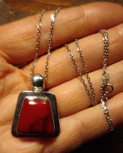 Vtg ATI Mexico Sterling Silver Signed 925 Red Jasper Pendant Necklace 17.5" - Picture 1 of 13