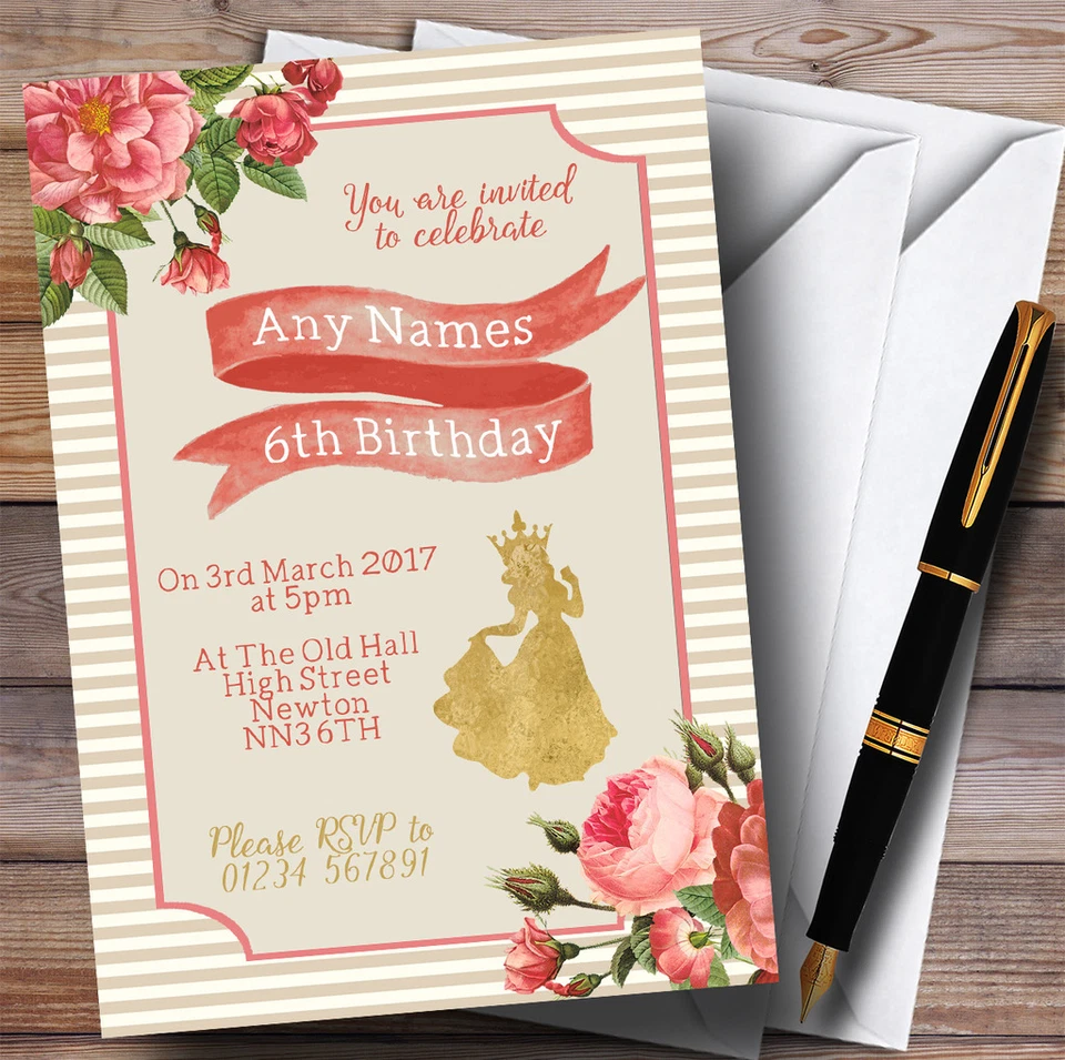 Stripy Floral Pink Gold Princess Childrens Birthday Party Invitations - Image 1 of 1