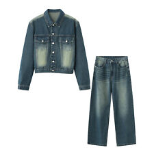 Mens Retro Denim Jacket Trend Straight Jeans Suit Fashion City Casual Set Street