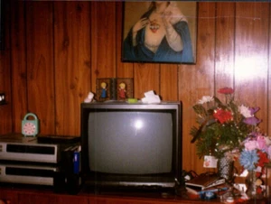 Vintage Photo CRT TV Virgin Mary Boquet Kitchen Timer Watching "The Flash" Haha - Foto 1 di 2