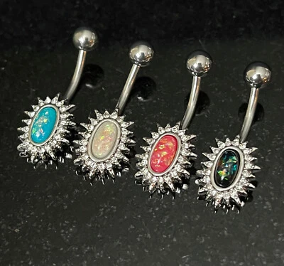 Anillo vientre ovalado pavimentado de cristal Sunburst ópalo brillo centro piercing naval ombligo Foto 1 de 4