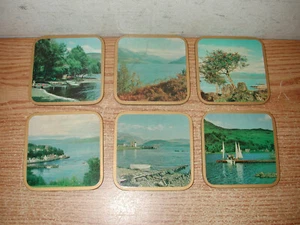 SET OF 6 VINTAGE SCENIC LAKE CORK BACK DRINK COASTERS - Imagen 1 de 5