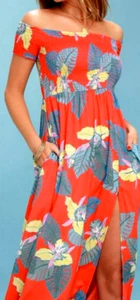 Lulu's Patsy Coral Red Tropical Print Off Shoulder Maxi Dress Pockets - XL NWT! - Picture 1 of 9