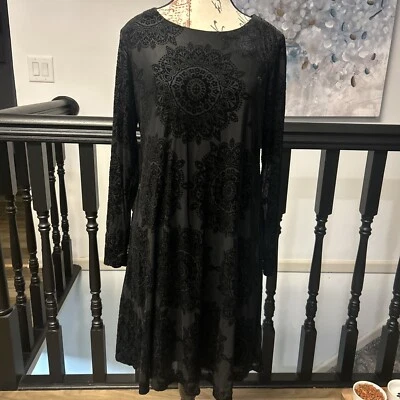 Eliza J Burnout Velvet Trapeze Swing Dress 10 Black  Long Sleeve Whimsy Goth - Image 1 of 4