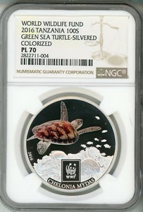 2016 TANZANIA  100S      WWF - GREEN SEA TURTLE - WWF    NGC PL 70  TOP POP !!! - Picture 1 of 5