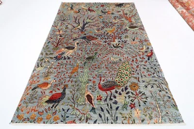 6 x 9 英尺东方鸟类灰色区域地毯阿富汗手工结素食染料羊毛地毯 — 第 1/4 张图片