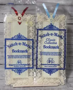 STITCH~N~MARK BOOKMARK Jeanette Crews ivory Aida & lace red & lt blue ribbons - Picture 1 of 1