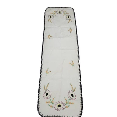 Corredor de mesa vintage bordado a mano de lino blanco amarillo floral borde de ganchillo Foto 1 de 4