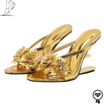 Gold Street Womens Fretwork Wedges Heels Slippers Patent Leather Flowers Shoes - Image 1 of 4