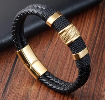 Hip Hop Men Boy Gold Bar Black Braided Genuine Leather Bracelet Wristband 7-8" - Image 1 of 4