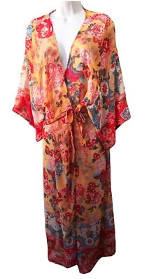 Bonita bata corbata asiática vintage de gasa melocotón estampado inusual + pájaros M/L Foto 1 de 4