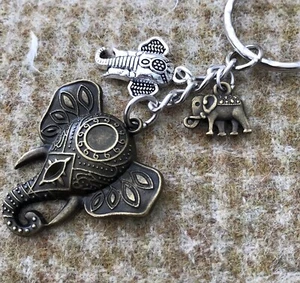 Elephant Keyring Keychain. Lucky Elephant Head And Tibetan Charms. handmade - Picture 1 of 4