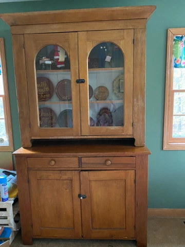 Antique Pine Hutch Cupboard Primitive Cabinet 53 x 58 Two Pieces Cover