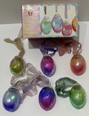 Huevos de Pascua de vidrio vintage dos tonos craquelado cinta iridiscente adornos 6 quilates LEER Foto 1 de 4
