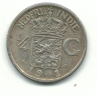 MONEDA DE PLATA DE 1/4 FLORÍN DE LAS INDIAS ORIENTALES HOLANDESAS DE 4 DÉBILES DE ALTA CALIDAD 1941 P-NOV396 Foto 1 de 2