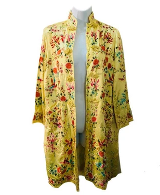 Yellow Silk Embroidered Floral + Bird Chinese Vintage Long Sleeve Lined Jacket S - Image 1 of 4
