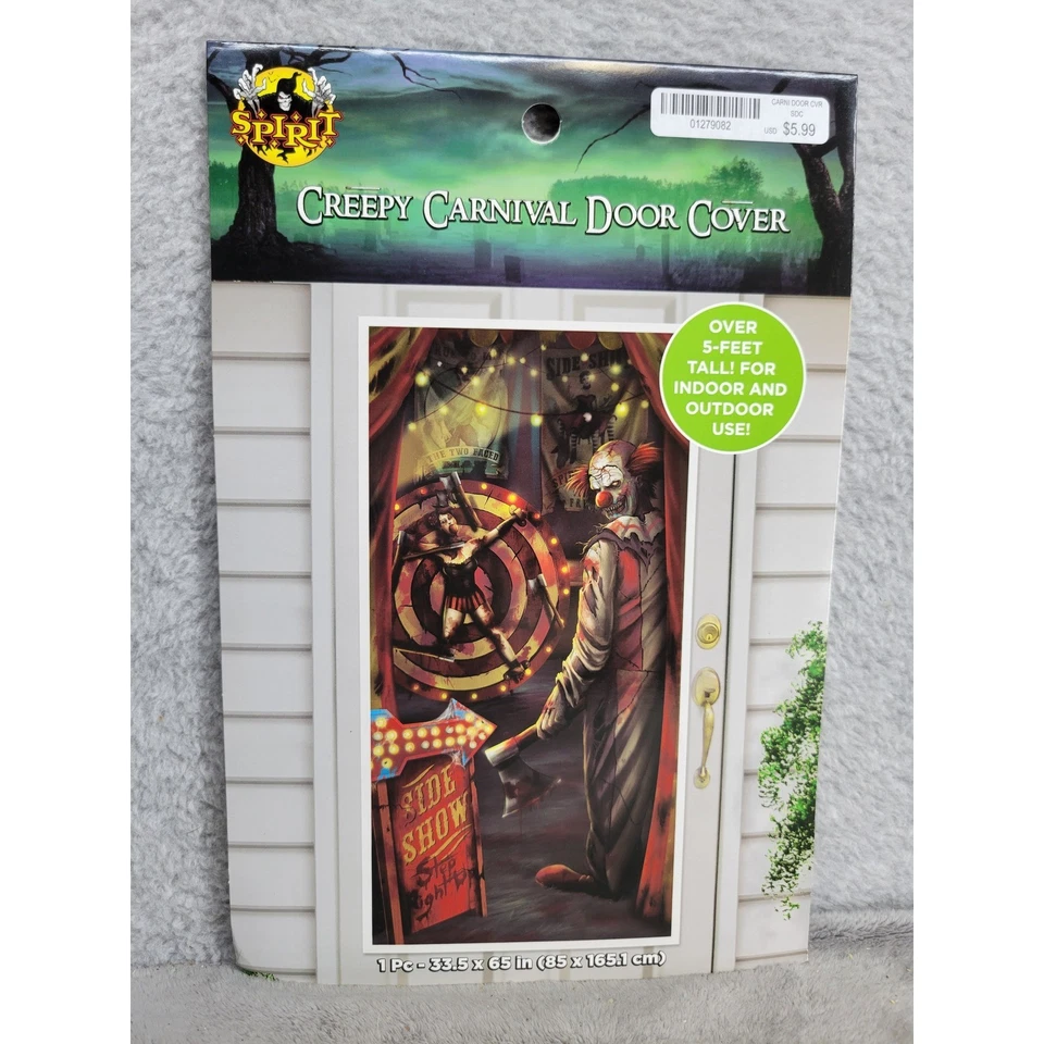 Cubierta de puerta de payaso de carnaval espeluznante Spirit Halloween de más de 5 pies de alto Foto 1 de 4