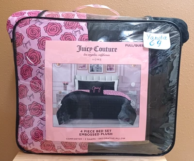 Juicy Couture Full/Queen 4 pc Embossed Plush Comforter Set Black/Pink Roses - Image 1 of 4