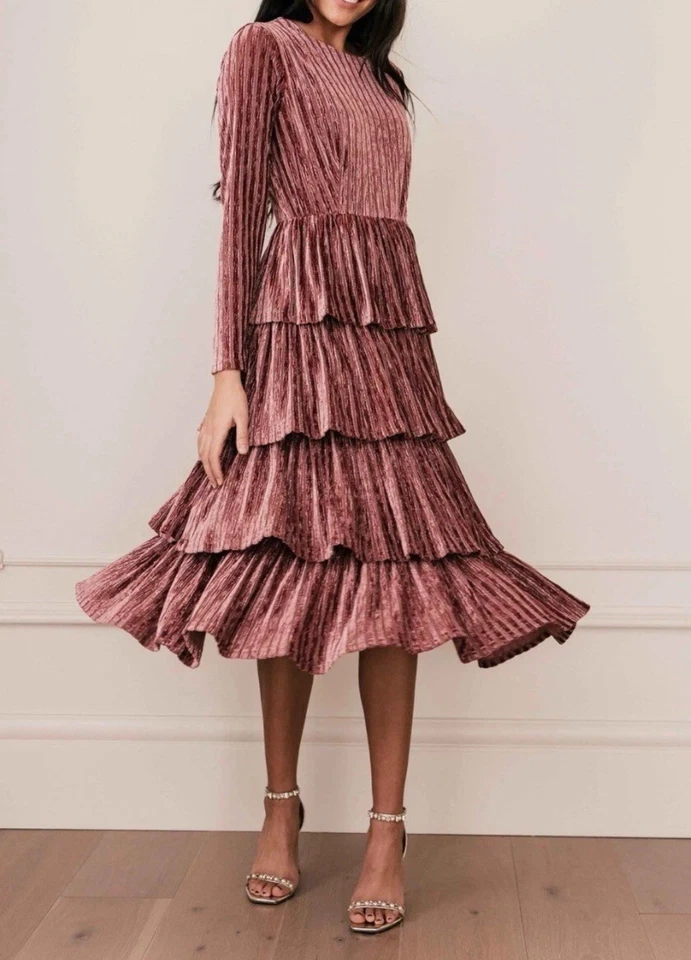 Jessakae плиссированные бархата Эйфелевой ярусный длинным рукавом платье в пыльный розовый размер XL - Изображение 1 из 4