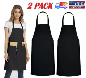 2PCS Waterproof Chef Apron Black Catering Cooking Kitchen Butcher with 2 Pocket - Picture 1 of 12